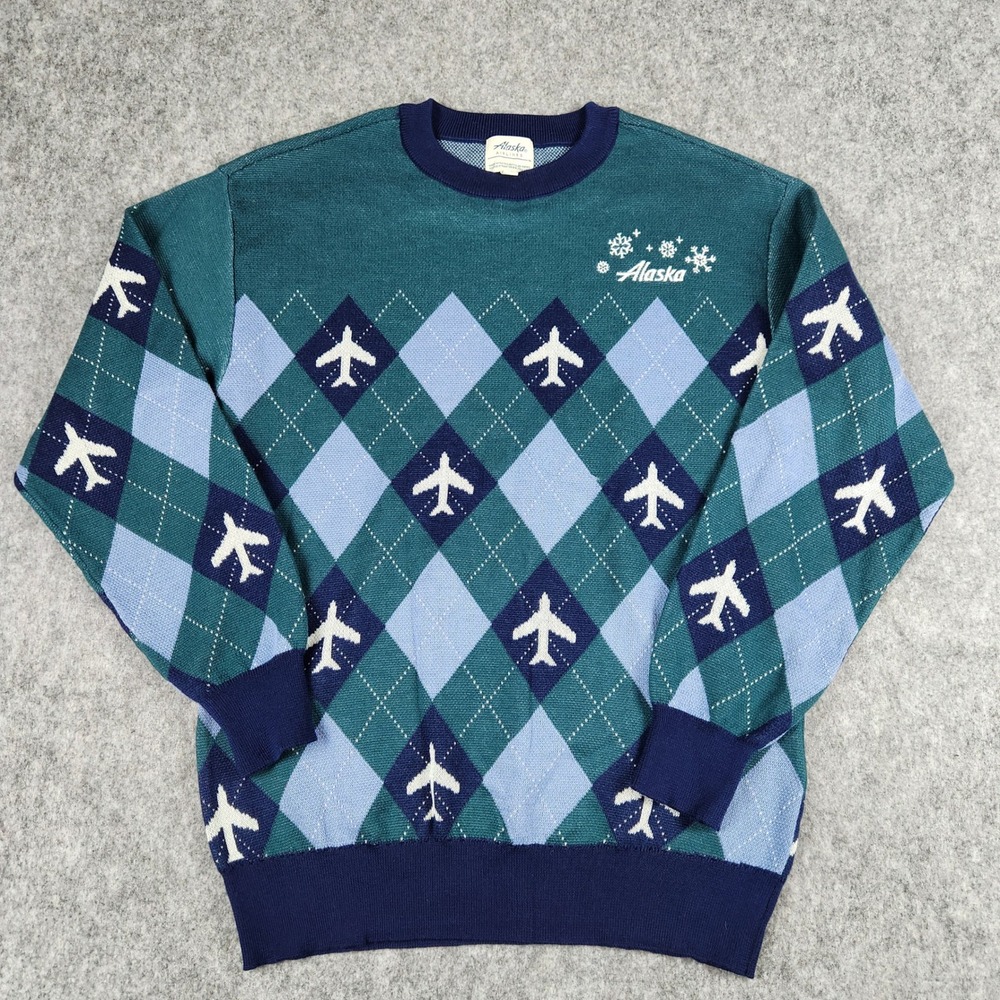 Alaska Airlines Ugly Christmas Sweater Argyle Men S Blue Retro Aviation Holiday